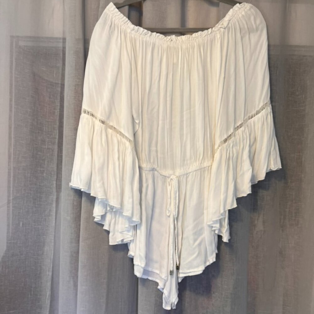 Elan White Off-Shoulder Ruffle Sleeve Romper Beach Cover Up One Size